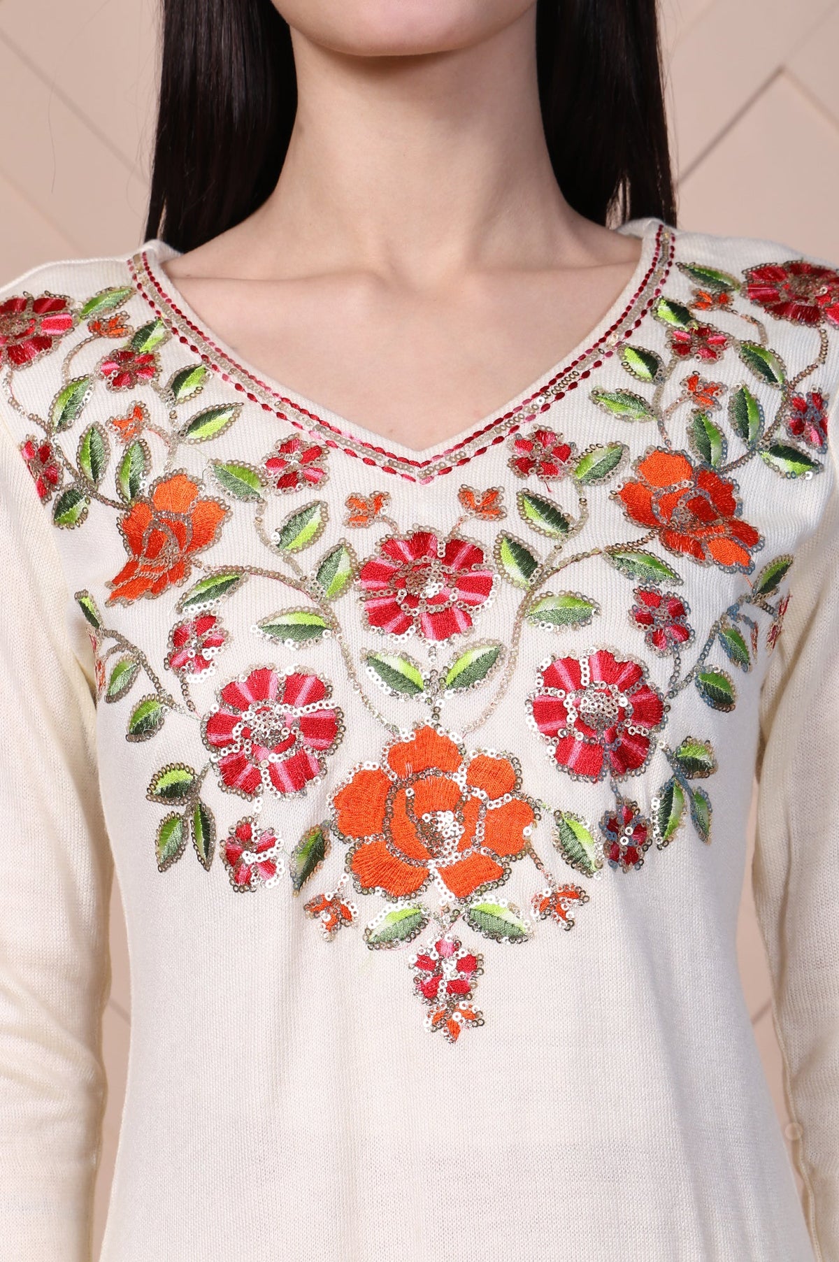 Off-White Embroidered Straight Acrylic Kurta