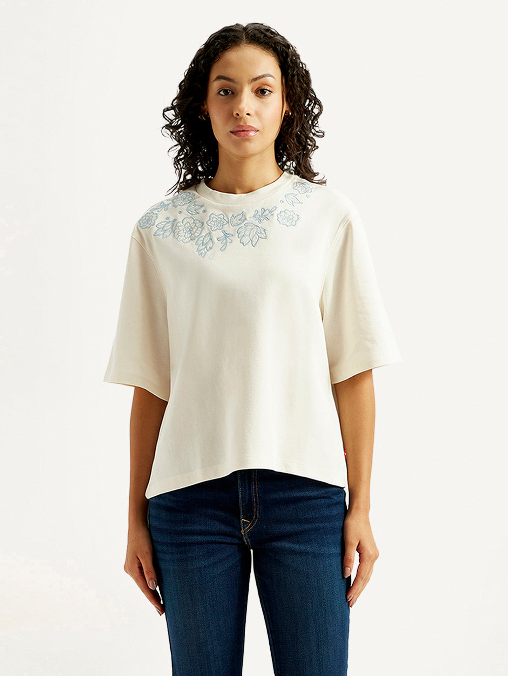 Levi's women's embroidered relaxed fit T-shirt featuring western-inspired design, short sleeves, and casual style.