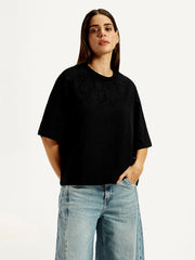Women'S Embroidered Black Relaxed Fit T-Shirt