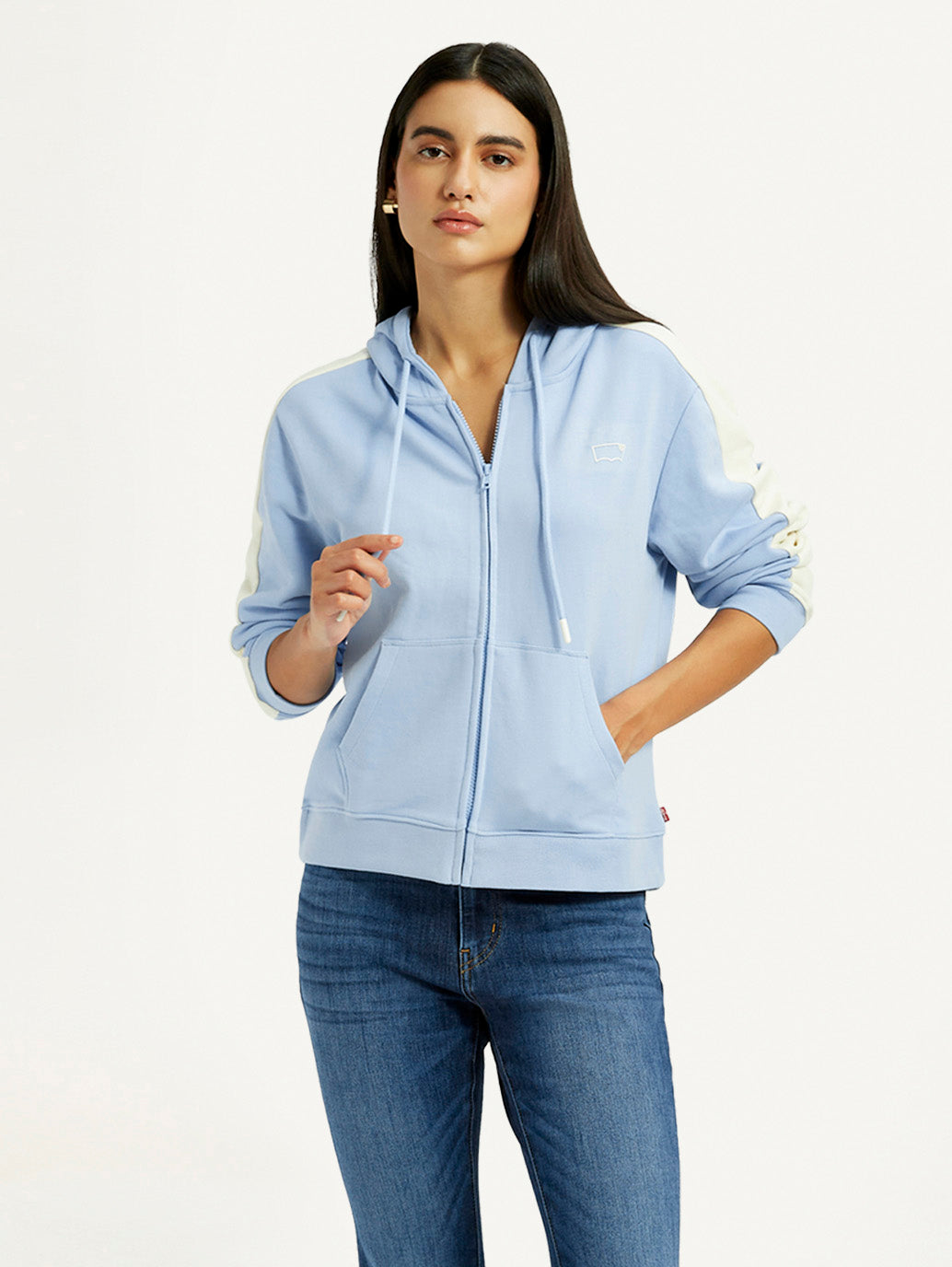 Women'S Striped Light Blue Hooded Sweatshirt