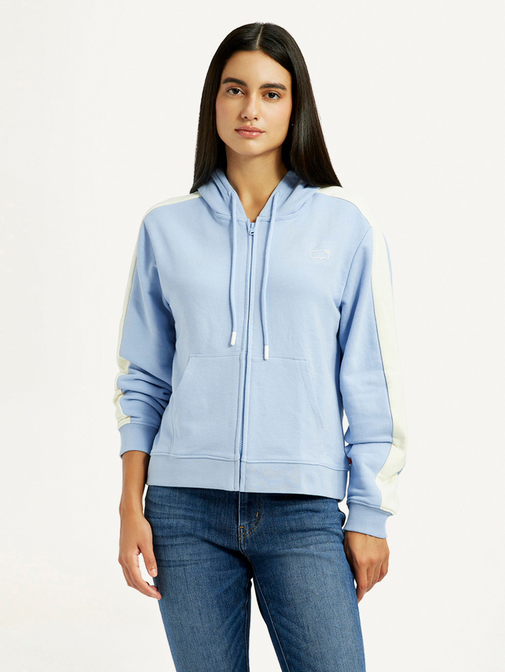 Women'S Striped Light Blue Hooded Sweatshirt