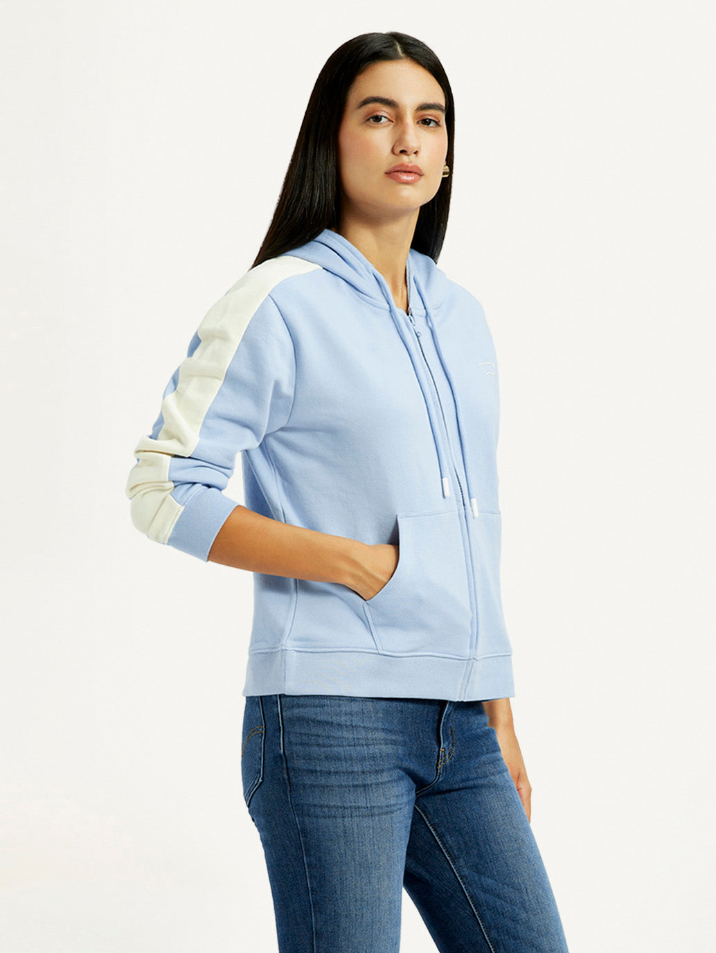 Women'S Striped Light Blue Hooded Sweatshirt