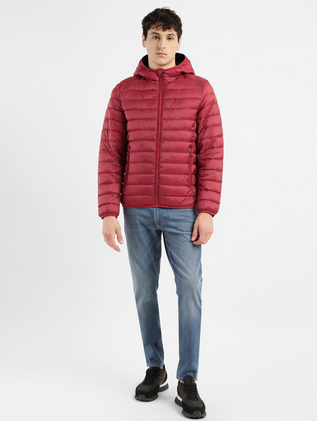 Men'S Solid Red Hooded Quilted Jacket