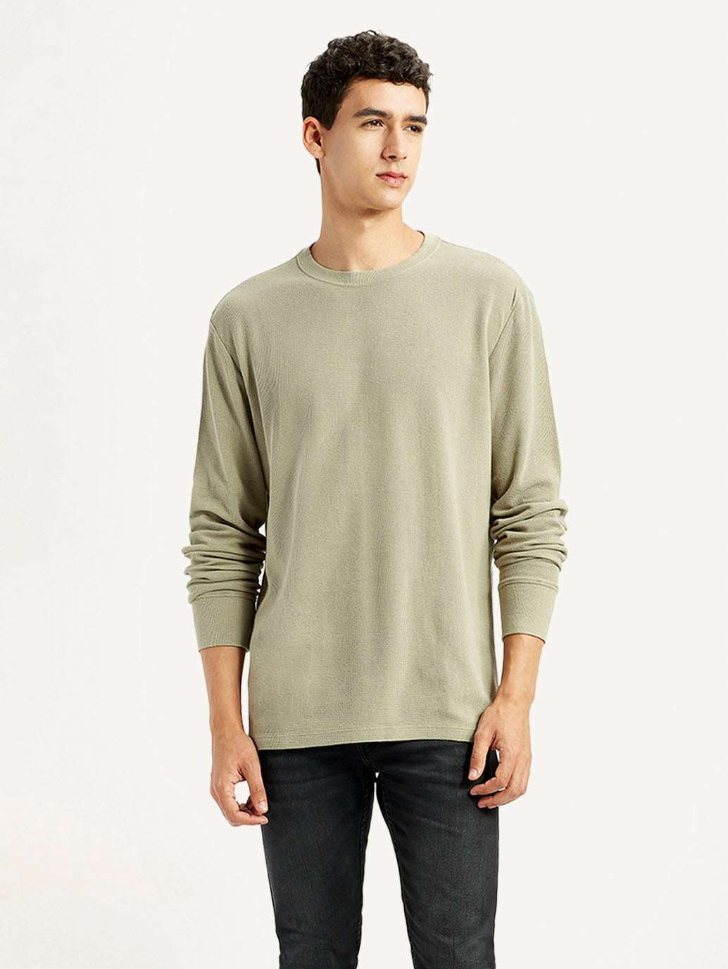 Men'S Solid Beige Crew Neck Sweatshirt