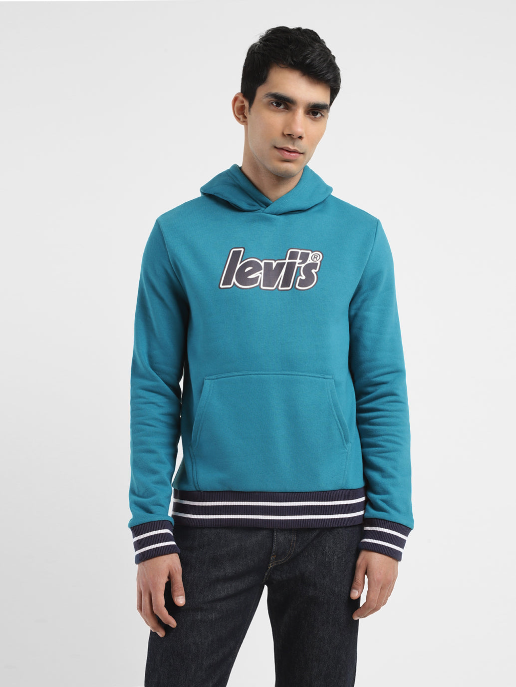 Men'S Solid Blue Hooded Sweatshirt
