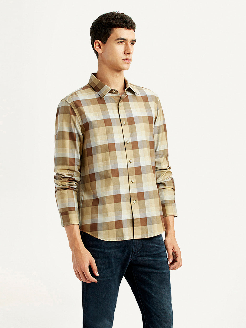 Men'S Checkered Light Brown Slim Fit Shirt