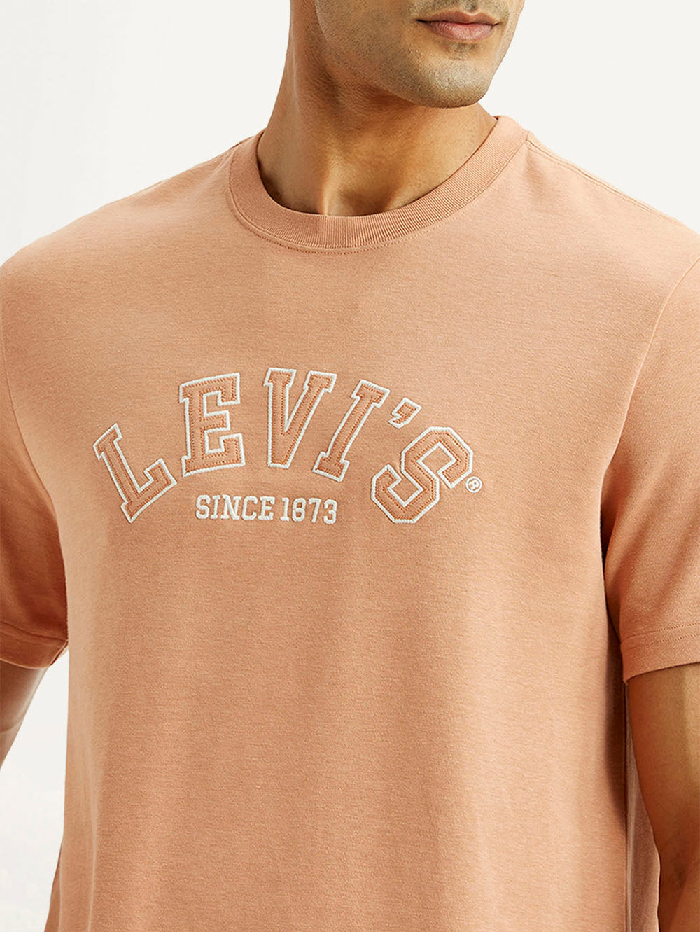 Levi's men's embroidered peach crew neck T-shirt with detailed embroidery, short sleeve, casual style, on a plain background.