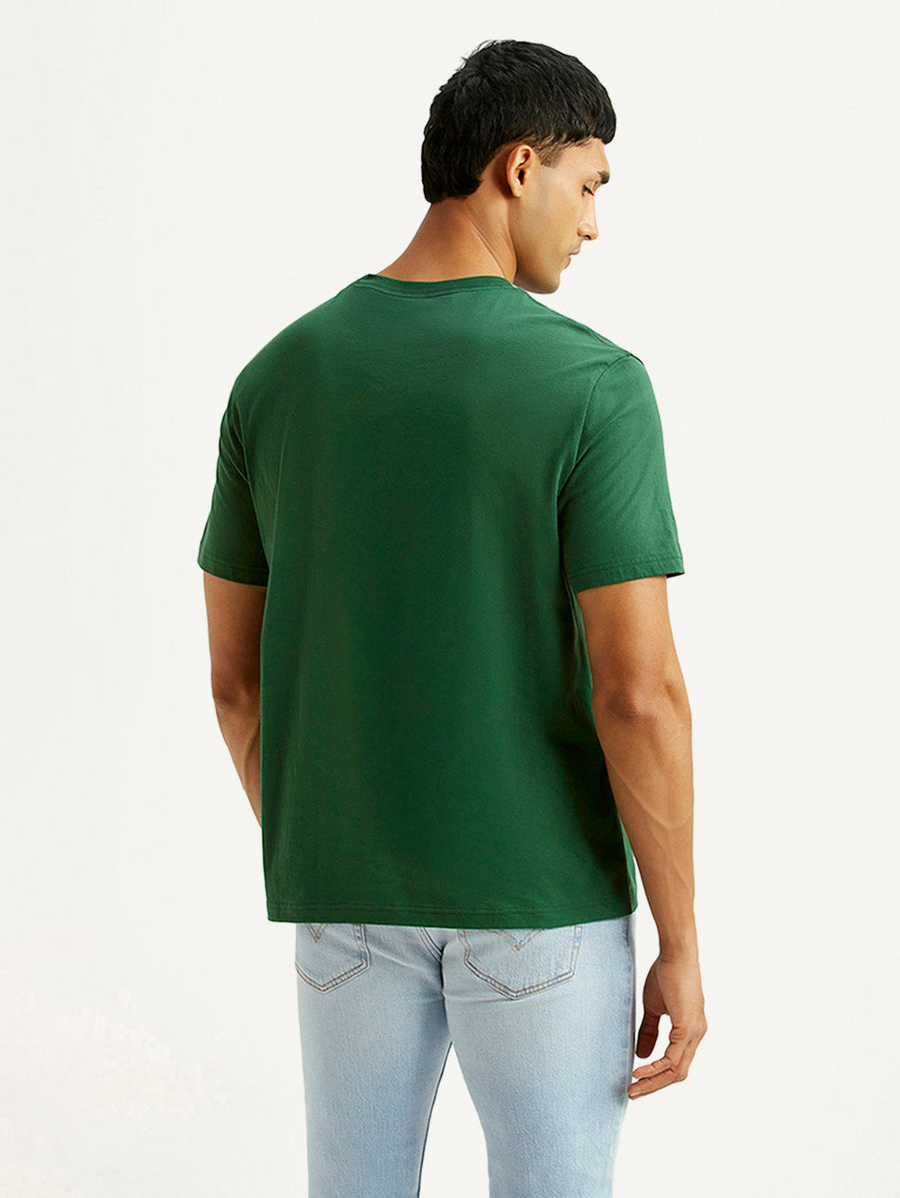 Levi's men's green crew neck T-shirt with brand logo, shown from the back, casual upper wear for everyday style.