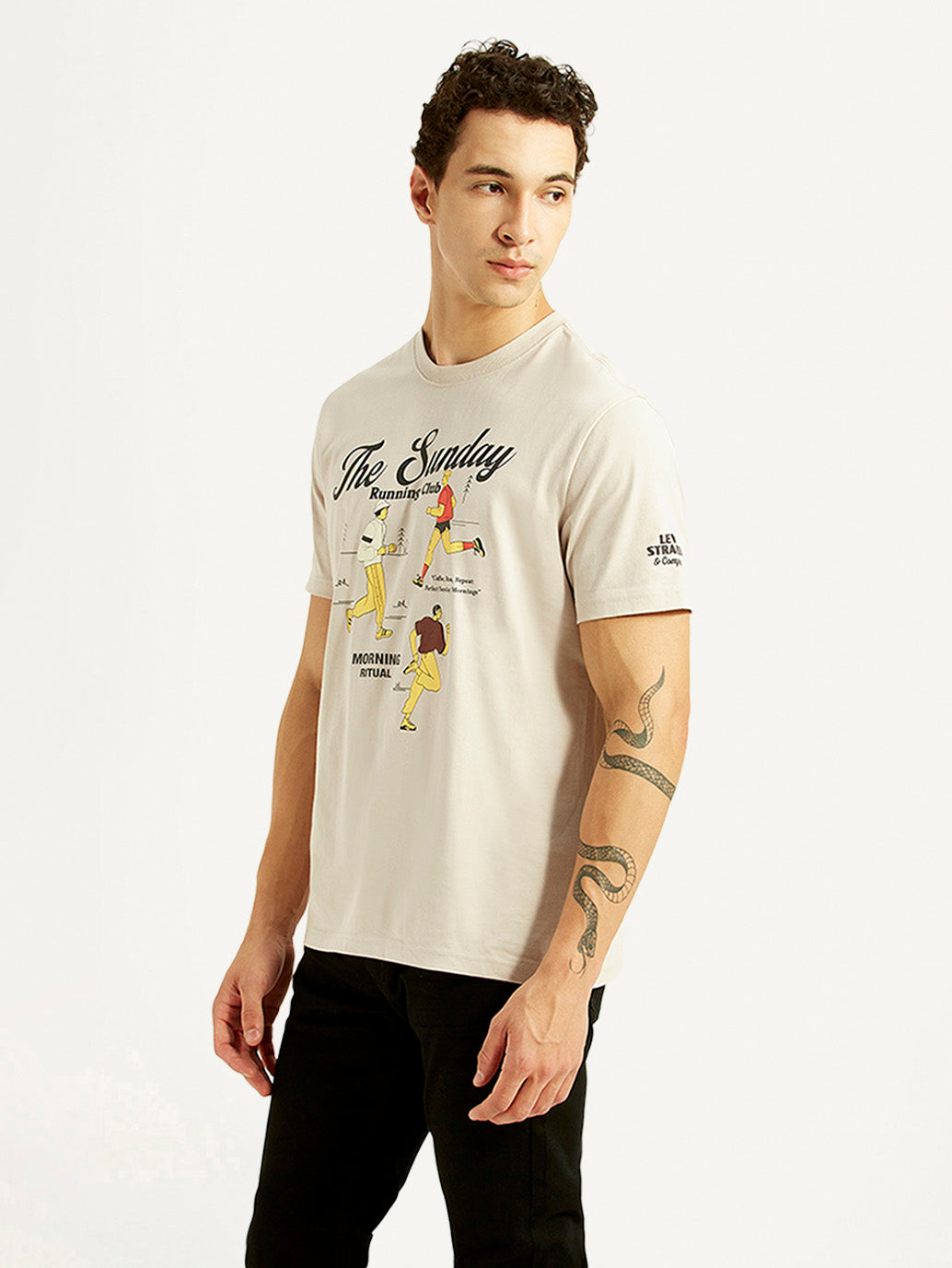 Levi's men's off-white crew neck graphic print T-shirt, side view showing bold design and casual fit.