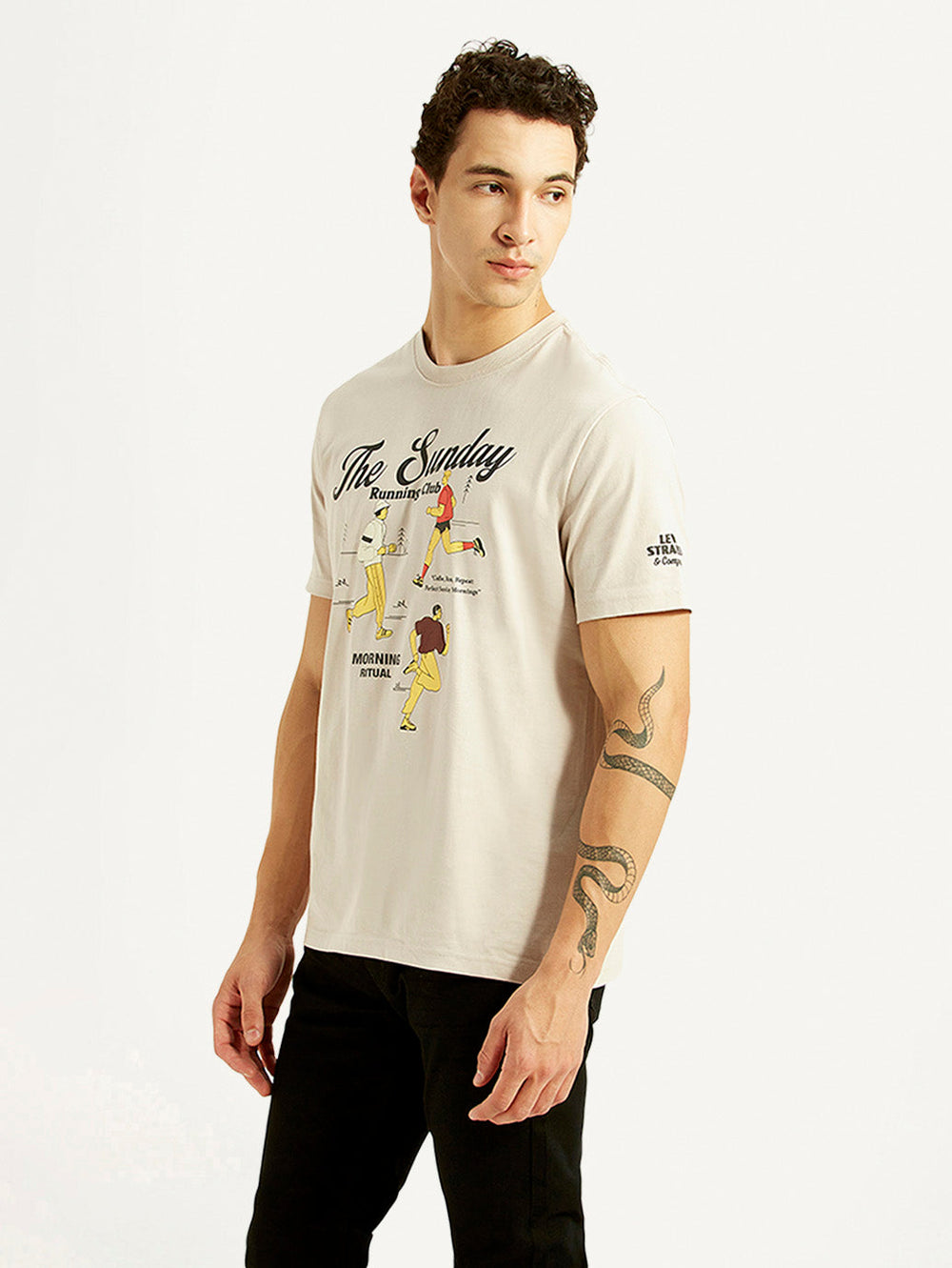 Levi's men's off-white crew neck graphic print T-shirt, side view showing bold design and casual fit.