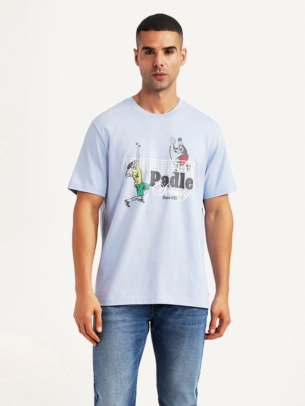 Light-blue men's graphic print crew neck T-shirt from Levi's, featuring a casual fit and bold graphic design.
