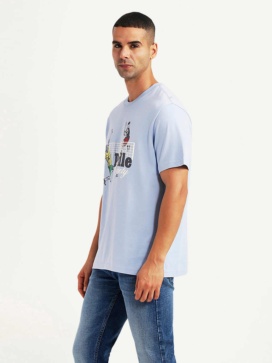 Men's light-blue graphic print crew neck T-shirt by Levis, showcasing a side view with stylish design and casual fit.