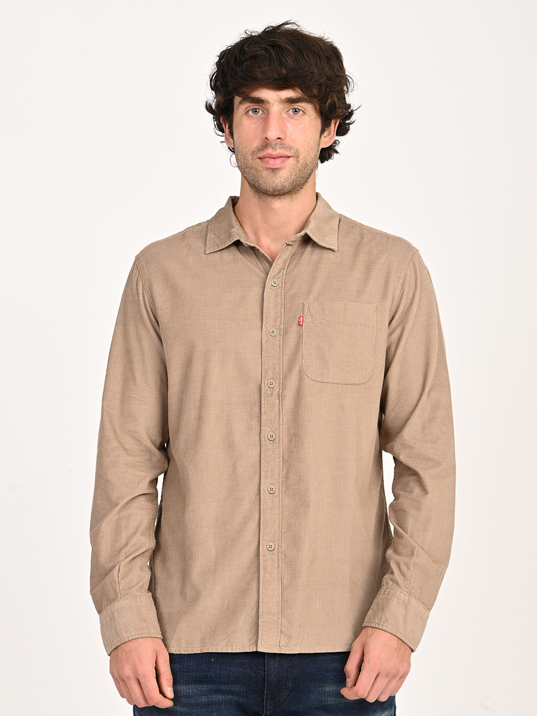 Levi's men's beige slim fit corduroy casual shirt, front view showing classic collar and button-down design.