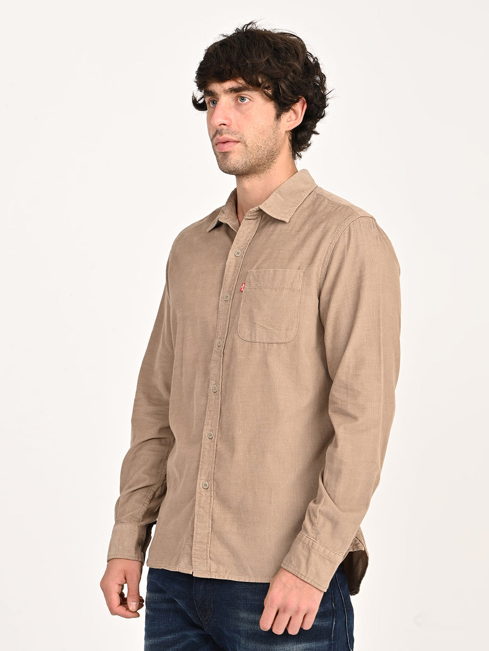 Levis men's beige slim fit corduroy casual shirt, side view showing classic collar and button-down style.