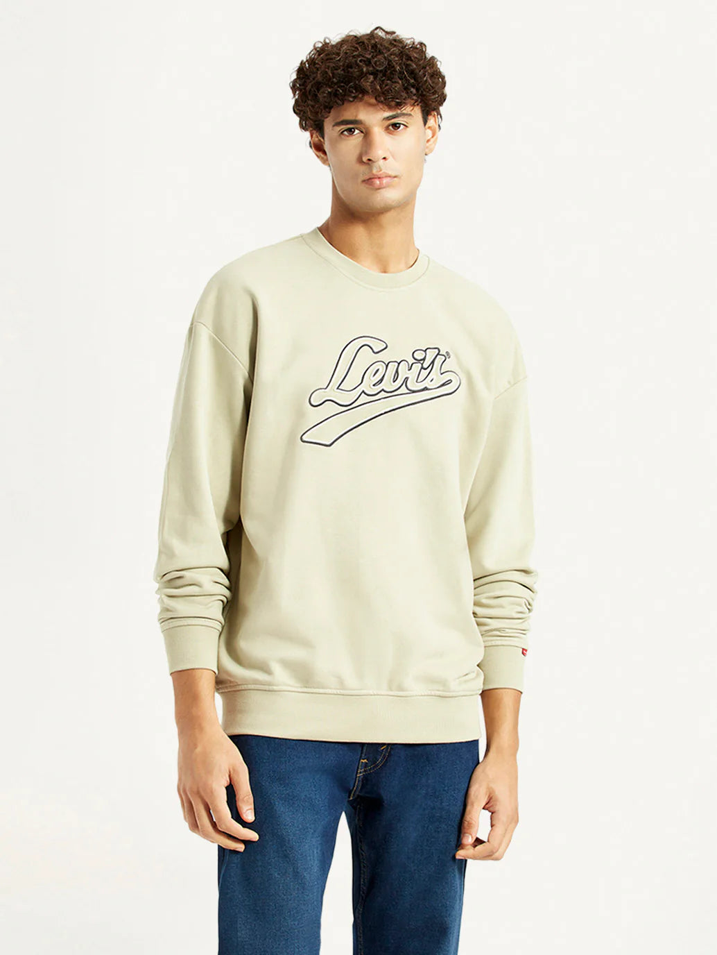 Men'S Brand Logo Beige Crew Neck Sweatshirt