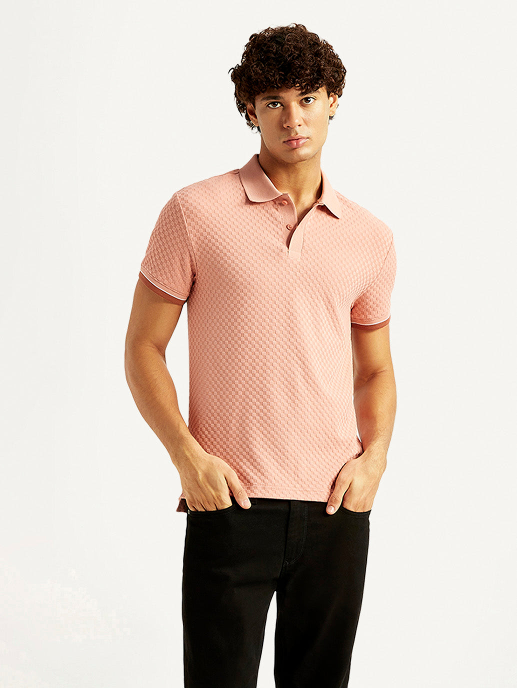 Levi's men's red textured pink slim fit polo t-shirt, short sleeve, stylish casual upper wear, close-up front view.