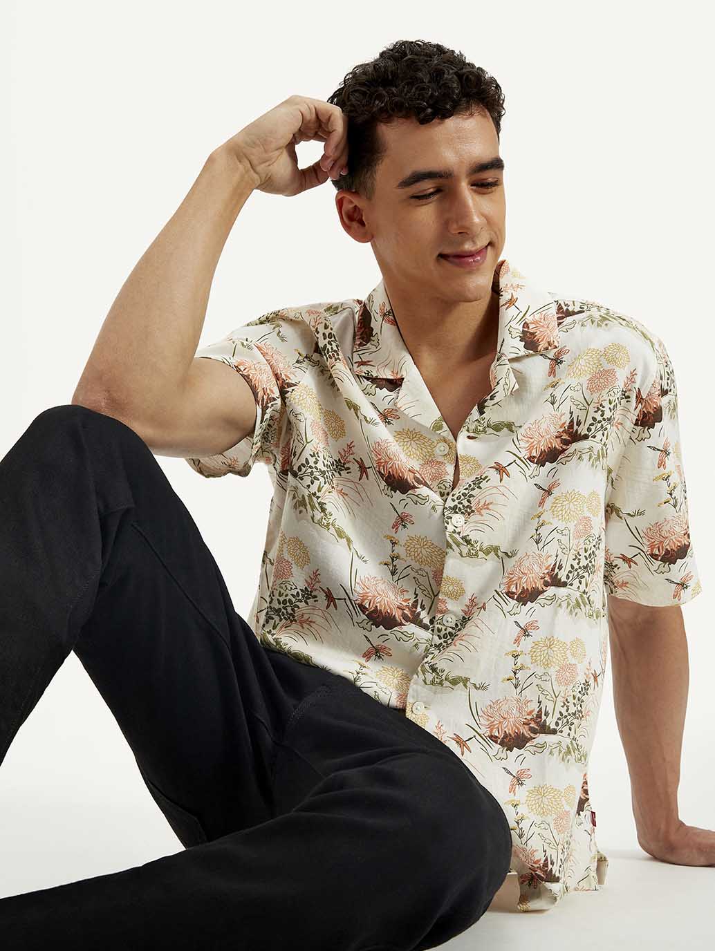 Men'S Resort Collar Floral Loose Fit Linen Shirt