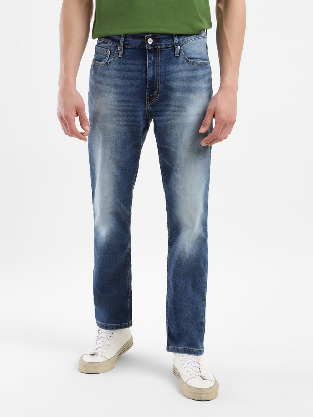 Levi's men's jeans in classic blue denim, front view showing slim fit and traditional five-pocket design.