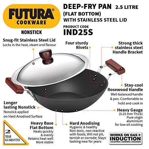 Hawkins Futura 2.5 Litre Deep Fry Pan, Non Stick Kadai with Stainless Steel Lid, Flat Bottom Induction Kadhai, Black (IND25S)