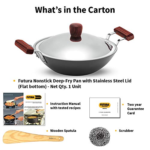 Hawkins Futura 2.5 Litre Deep Fry Pan, Non Stick Kadai with Stainless Steel Lid, Flat Bottom Induction Kadhai, Black (IND25S)