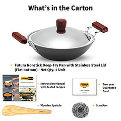 Hawkins Futura 2.5 Litre Deep Fry Pan, Non Stick Kadai with Stainless Steel Lid, Flat Bottom Induction Kadhai, Black (IND25S)