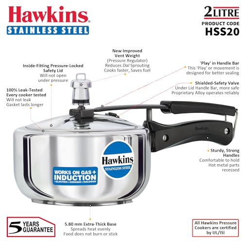 Hawkins 2 Litre Pressure Cooker, Stainless Steel Inner Lid Cooker, Induction Cooker, Silver (HSS20)