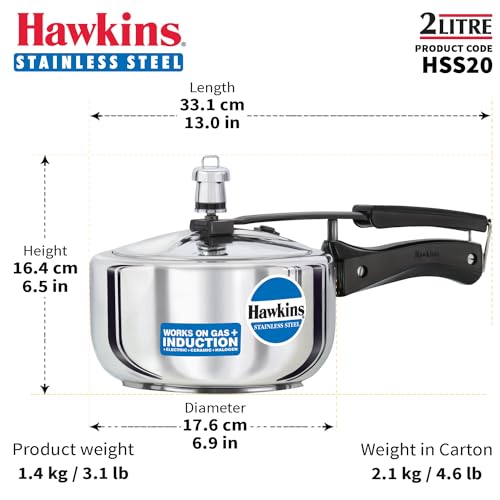 Hawkins 2 Litre Pressure Cooker, Stainless Steel Inner Lid Cooker, Induction Cooker, Silver (HSS20)