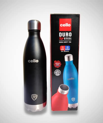 Cello Duro Swift Stainless Steel Double Walled Water Bottle, Hot and Cold, 750ml, 1pc, Black