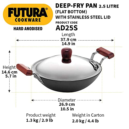 Hawkins Futura 2.5 Litre Deep Fry Pan, Hard Anodised Kadai with Stainless Steel Lid, Flat Bottom Kadhai, Black (AD25S)