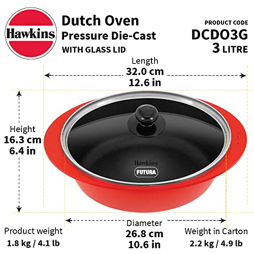 Hawkins 3 Litre Dutch Oven, Nonstick Biryani Pot, Red Ceramic Coated Casserole, Cooking Pot, Saute Pan, Red (DCDO3G)