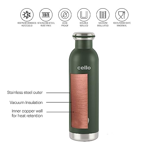 Cello Duro Tuff Steel Series Mac Flask, 900ml, Green | Hot and Cold Stainless Steel Water Bottle | Durable DTP Coating |Vacuum Insulated Bottle for Travel, Home, Office, School