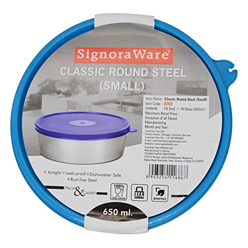 Signoraware Classic Steel Round Container (Small), 650 ml, 1 Piece, Sky Blue