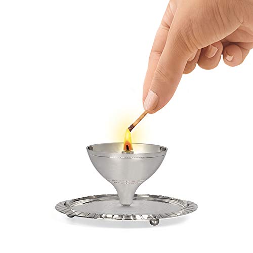Borosil Large Nickel Akhand Diya Decorative Glass Oil Lamp | Tea Light Holder | Diya with Borosilicate Glass | Puja Dia for Mandir | Lantern Diya with Glass Cover, Nickel Diya