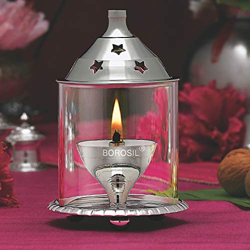 Borosil Large Nickel Akhand Diya Decorative Glass Oil Lamp | Tea Light Holder | Diya with Borosilicate Glass | Puja Dia for Mandir | Lantern Diya with Glass Cover, Nickel Diya