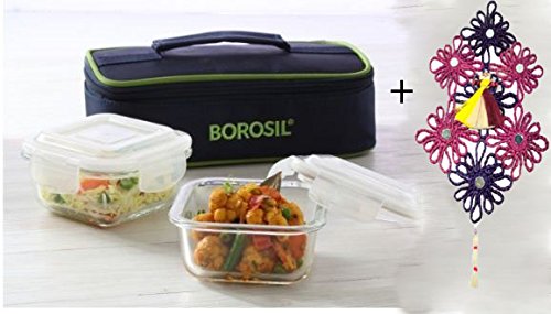 Borosil Klip n Store Lunchbox with Bag | Set of 2 Square Container (320ml Each) | Made in India Borosilicate Glass | Microwave & Dishwasher Safe | Tiffin for Office/School/College | Horizontal