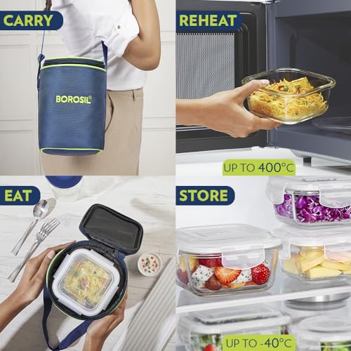 Borosil Klip n Store Lunchbox with Bag | Set of 2 Square Container (320ml Each) | Made in India Borosilicate Glass | Microwave & Dishwasher Safe | Tiffin for Office/School/College | Horizontal