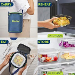 Borosil Klip n Store Lunchbox with Bag | Set of 2 Square Container (320ml Each) | Made in India Borosilicate Glass | Microwave & Dishwasher Safe | Tiffin for Office/School/College | Horizontal