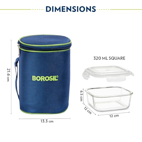 Borosil Klip n Store Lunchbox with Bag | Set of 2 Square Container (320ml Each) | Made in India Borosilicate Glass | Microwave & Dishwasher Safe | Tiffin for Office/School/College | Horizontal