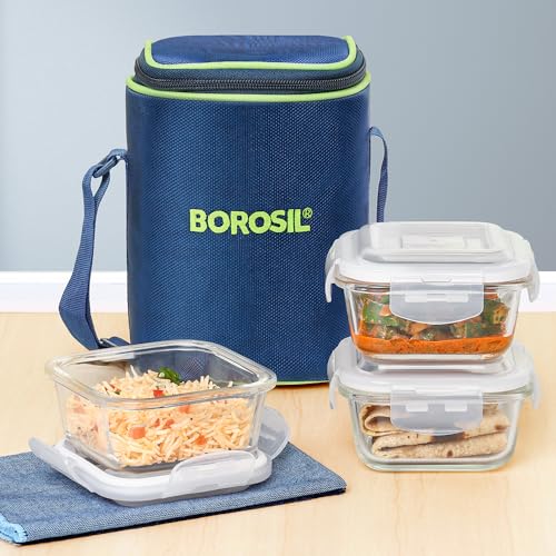 Borosil Klip n Store Lunchbox with Bag | Set of 2 Square Container (320ml Each) | Made in India Borosilicate Glass | Microwave & Dishwasher Safe | Tiffin for Office/School/College | Horizontal