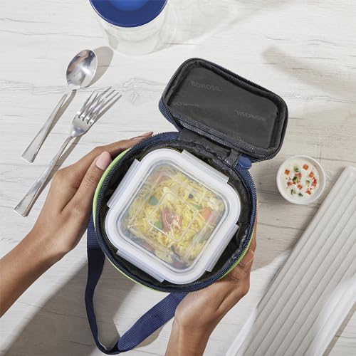 Borosil Klip n Store Lunchbox with Bag | Set of 2 Square Container (320ml Each) | Made in India Borosilicate Glass | Microwave & Dishwasher Safe | Tiffin for Office/School/College | Horizontal