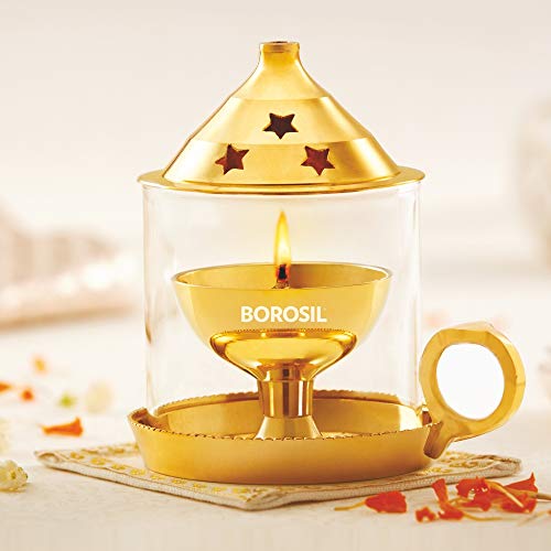 Borosil Medium Size Mangal Diya Decorative Brass Glass Oil Lamp | Tea Light Holder | Diya with Borosilicate Glass | Puja Dia for Mandir | Lantern Diya with Glass Cover