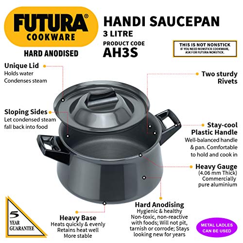 Hawkins Futura 3 Litre Handi, Hard Anodised Sauce Pan and Lid, Saucepan with Two Short Handles, Biryani Handi, Black (AH3S), Aluminium
