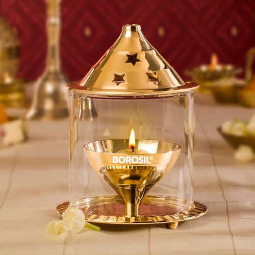 Borosil Large Nickel Akhand Diya Decorative Glass Oil Lamp | Tea Light Holder | Diya with Borosilicate Glass | Puja Dia for Mandir | Lantern Diya with Glass Cover, Nickel Diya