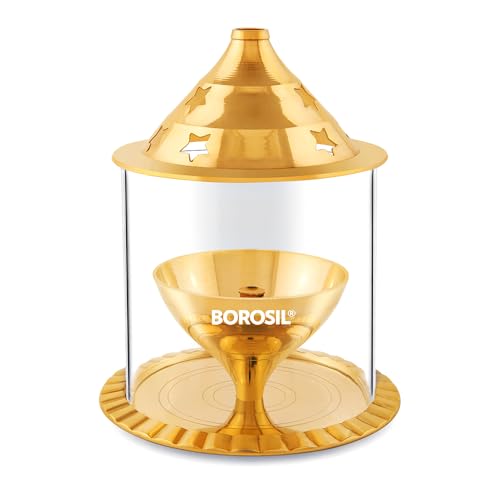 Borosil Large Nickel Akhand Diya Decorative Glass Oil Lamp | Tea Light Holder | Diya with Borosilicate Glass | Puja Dia for Mandir | Lantern Diya with Glass Cover, Nickel Diya