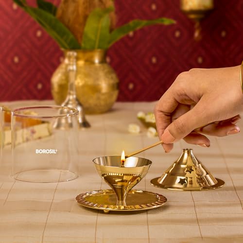 Borosil Large Nickel Akhand Diya Decorative Glass Oil Lamp | Tea Light Holder | Diya with Borosilicate Glass | Puja Dia for Mandir | Lantern Diya with Glass Cover, Nickel Diya