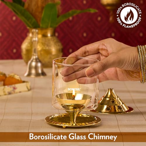 Borosil Large Nickel Akhand Diya Decorative Glass Oil Lamp | Tea Light Holder | Diya with Borosilicate Glass | Puja Dia for Mandir | Lantern Diya with Glass Cover, Nickel Diya