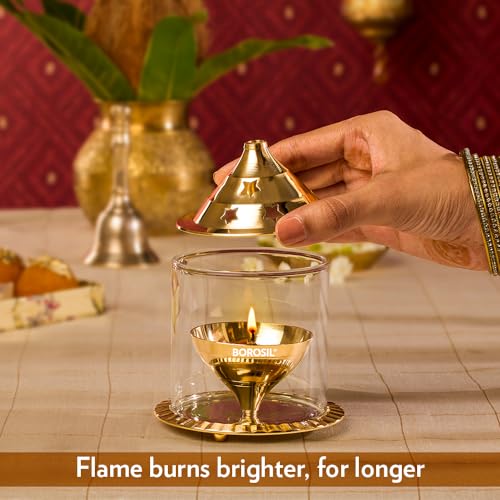 Borosil Large Nickel Akhand Diya Decorative Glass Oil Lamp | Tea Light Holder | Diya with Borosilicate Glass | Puja Dia for Mandir | Lantern Diya with Glass Cover, Nickel Diya