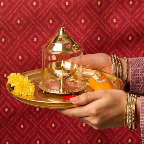 Borosil Large Nickel Akhand Diya Decorative Glass Oil Lamp | Tea Light Holder | Diya with Borosilicate Glass | Puja Dia for Mandir | Lantern Diya with Glass Cover, Nickel Diya