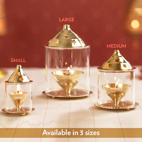 Borosil Large Nickel Akhand Diya Decorative Glass Oil Lamp | Tea Light Holder | Diya with Borosilicate Glass | Puja Dia for Mandir | Lantern Diya with Glass Cover, Nickel Diya