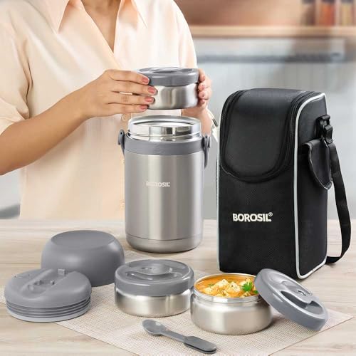 Borosil - Hot-N-Fresh Stainless Steel Insulated Lunch Box, Set of 3 (1pcs 350 ml + 2pcs 420 ml), Grey